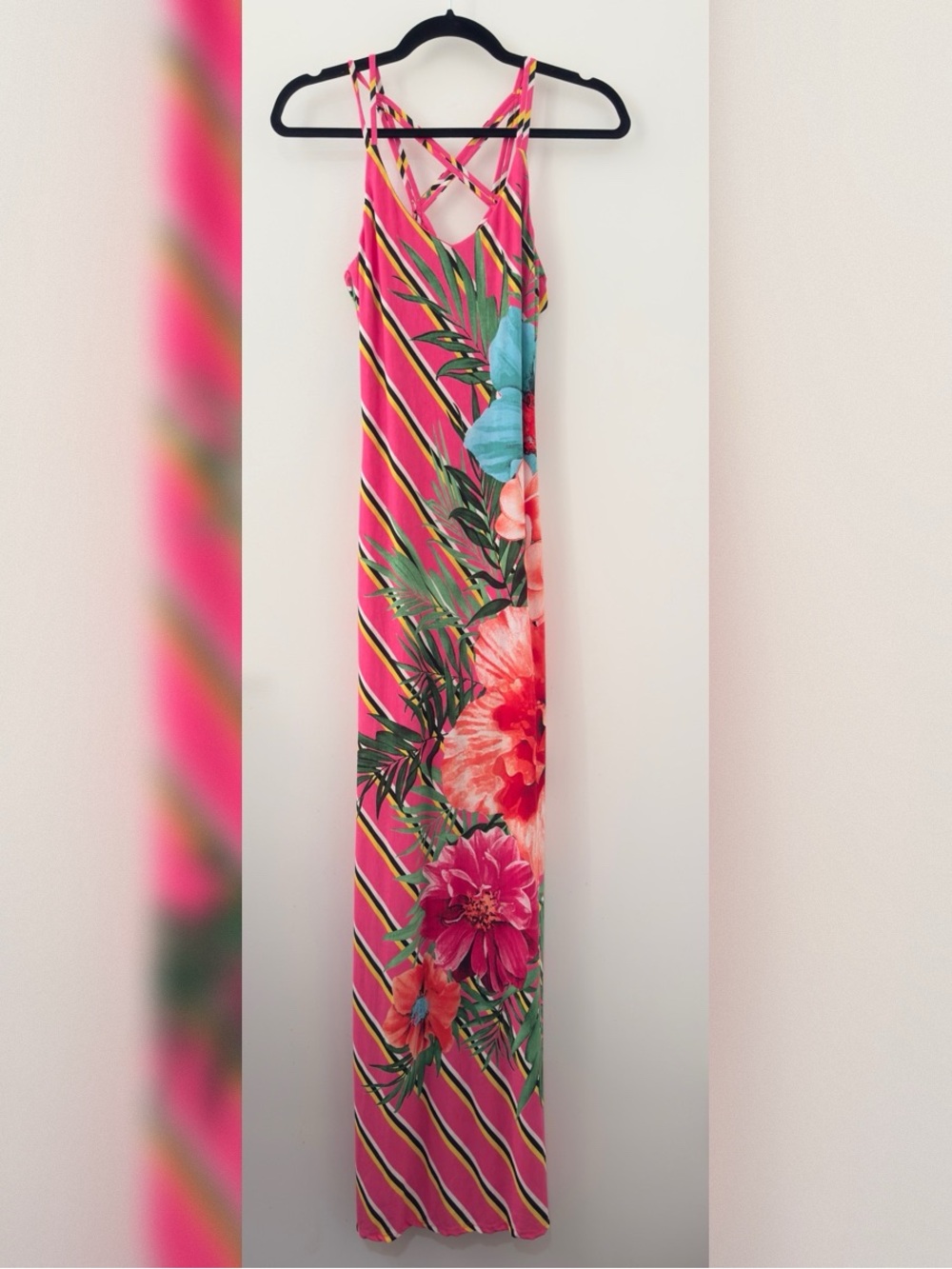 Fashion Nova Hot Pink Tropical Floral Maxi Dress Striped Size Small S Vacation